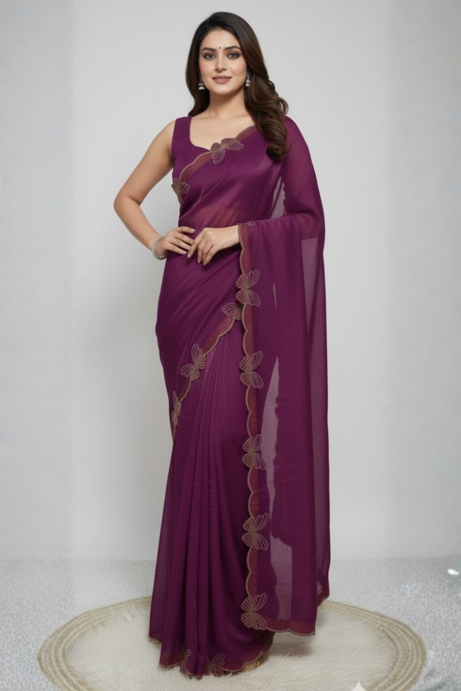Designer Wine Saree with Butterfly Border and Crystal Diamond Work