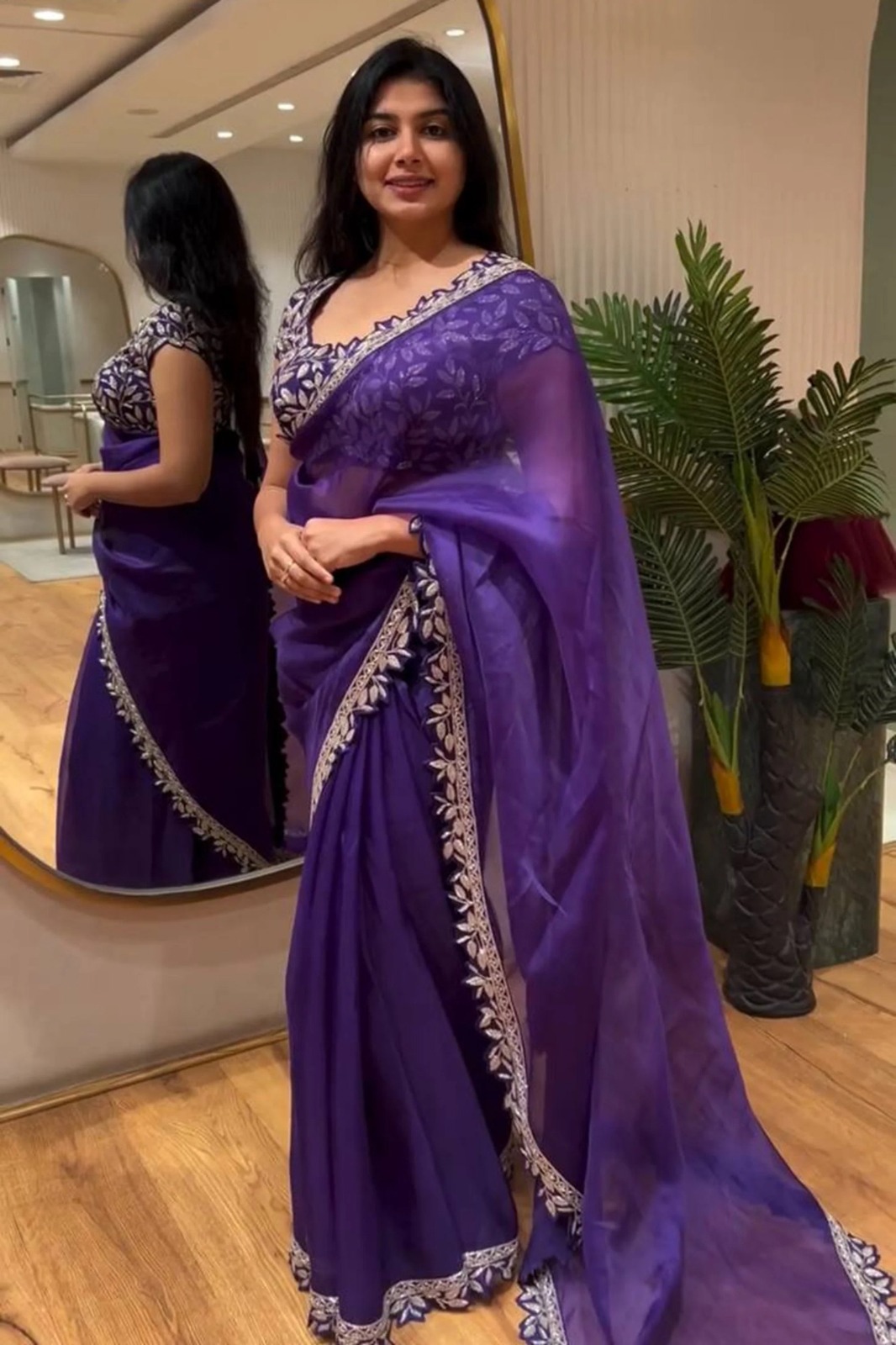 Luxury Purple Jimmy Choo Saree with Fancy Thread Work And Sequins Work