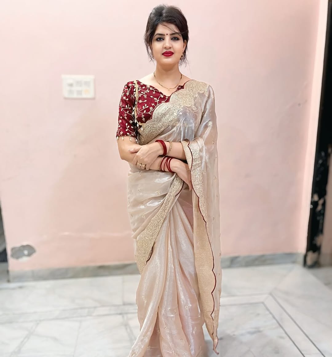 Beige Jimmy Choo Saree with Fancy Thread & Sequin Work with Maroon Blouse