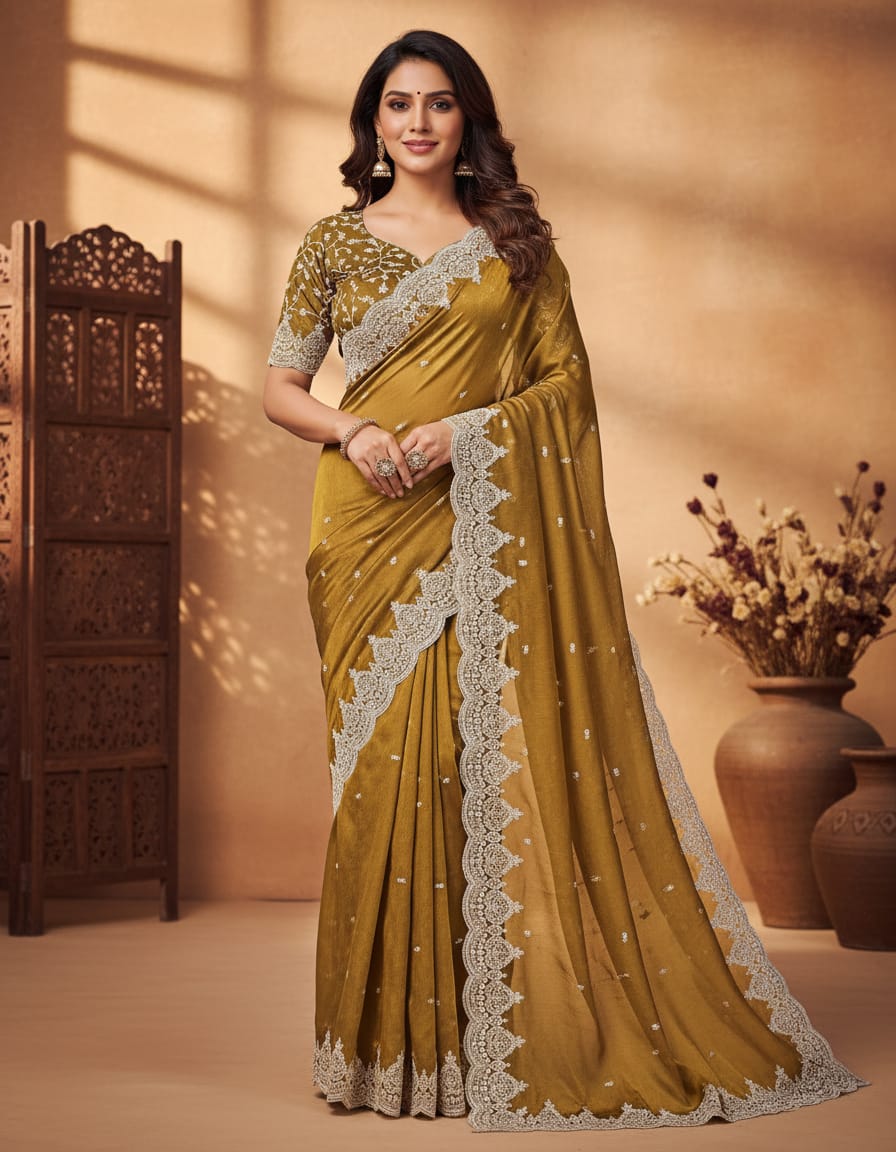 Designer Jimmy Choo Chiffon Saree with Intricate Floral Sequin Work