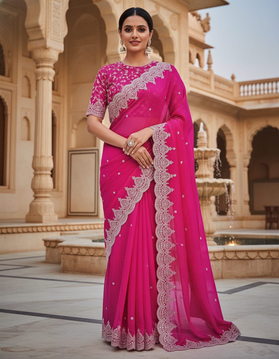 Premium Dark Pink Jimmy Choo Partywear Saree with Fancy Sequin Work