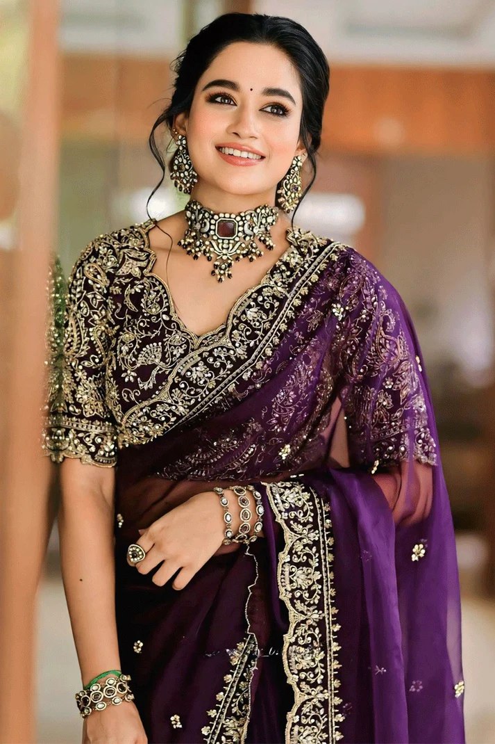 Elegant Purple Rangoli Silk Saree with Intricate Sequin & Thread Work