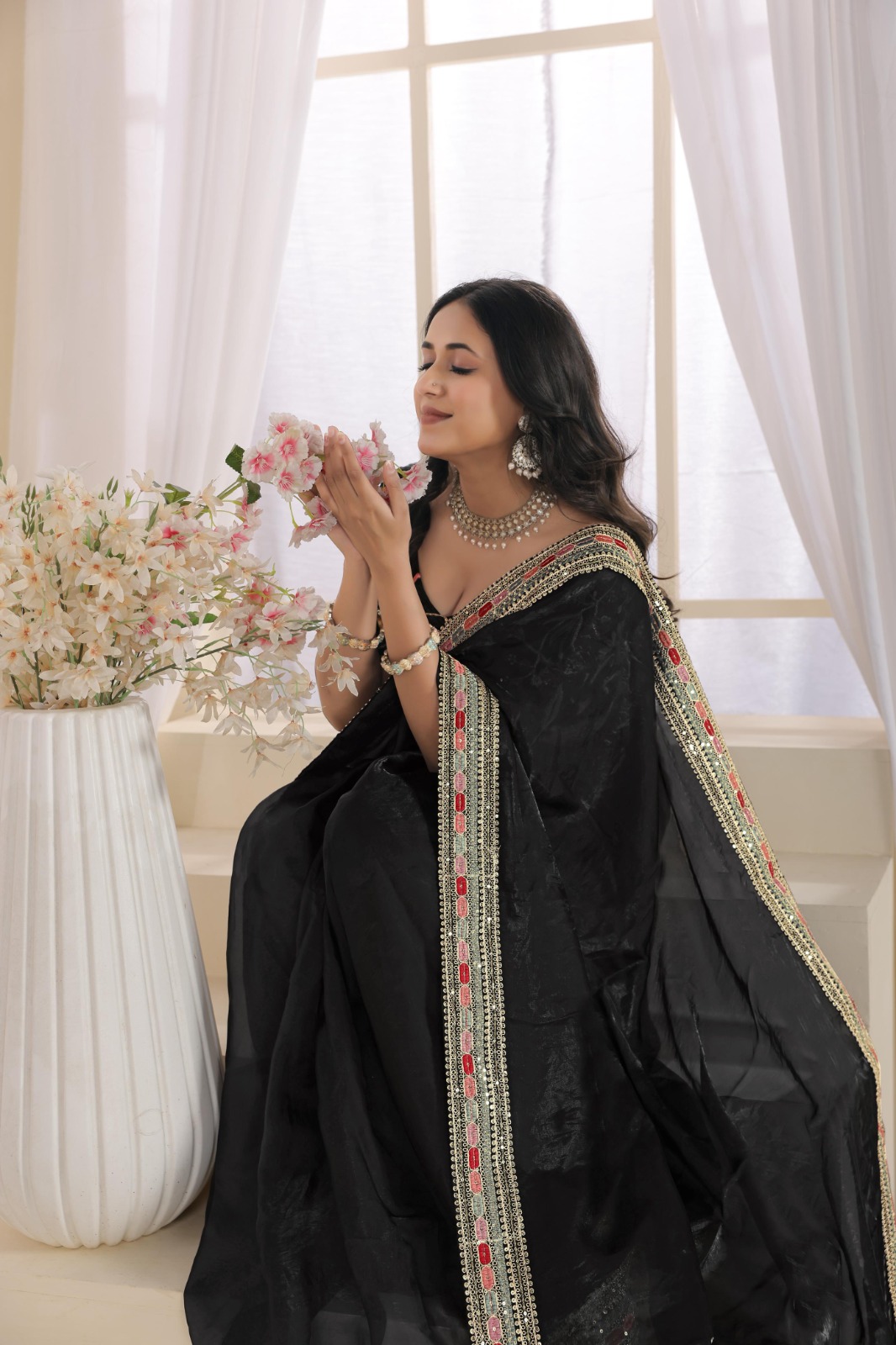 Elegant Black Jimmy Choo Saree with Rich Sequin and Coding Work