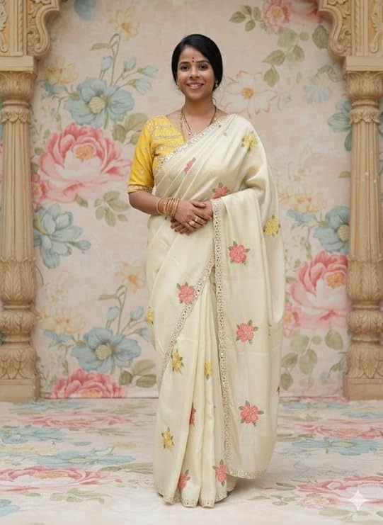 Classic Beige Floral Pattern Rangoli Silk Saree with Stylish Yellow Blouse