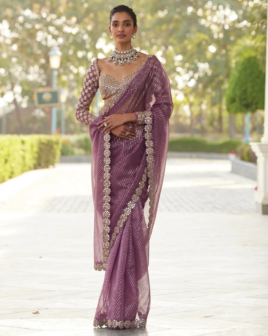 Elegant Dusty Rose Embroidered Saree Set with Mirror Work Blouse