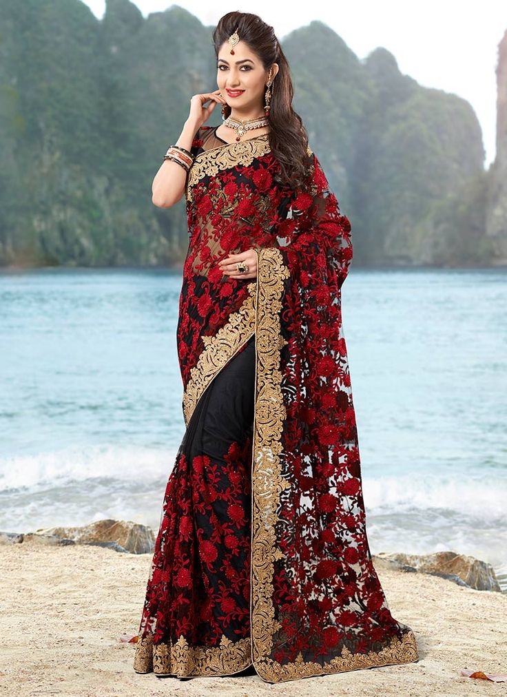 Black Butterfly Mono Net Saree with Fancy Silk & Handcrafted Chain Stitch Work