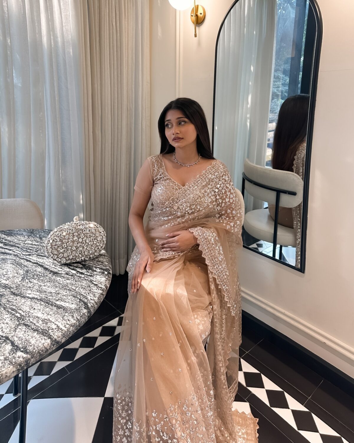 Festive Peach Butterfly Mono Net Saree With Sparkling Sequin Work