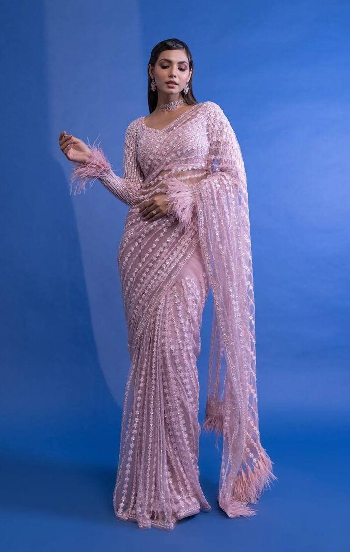 Pink Butterfly Mono Net Saree with Fancy Thread & Sequin Work